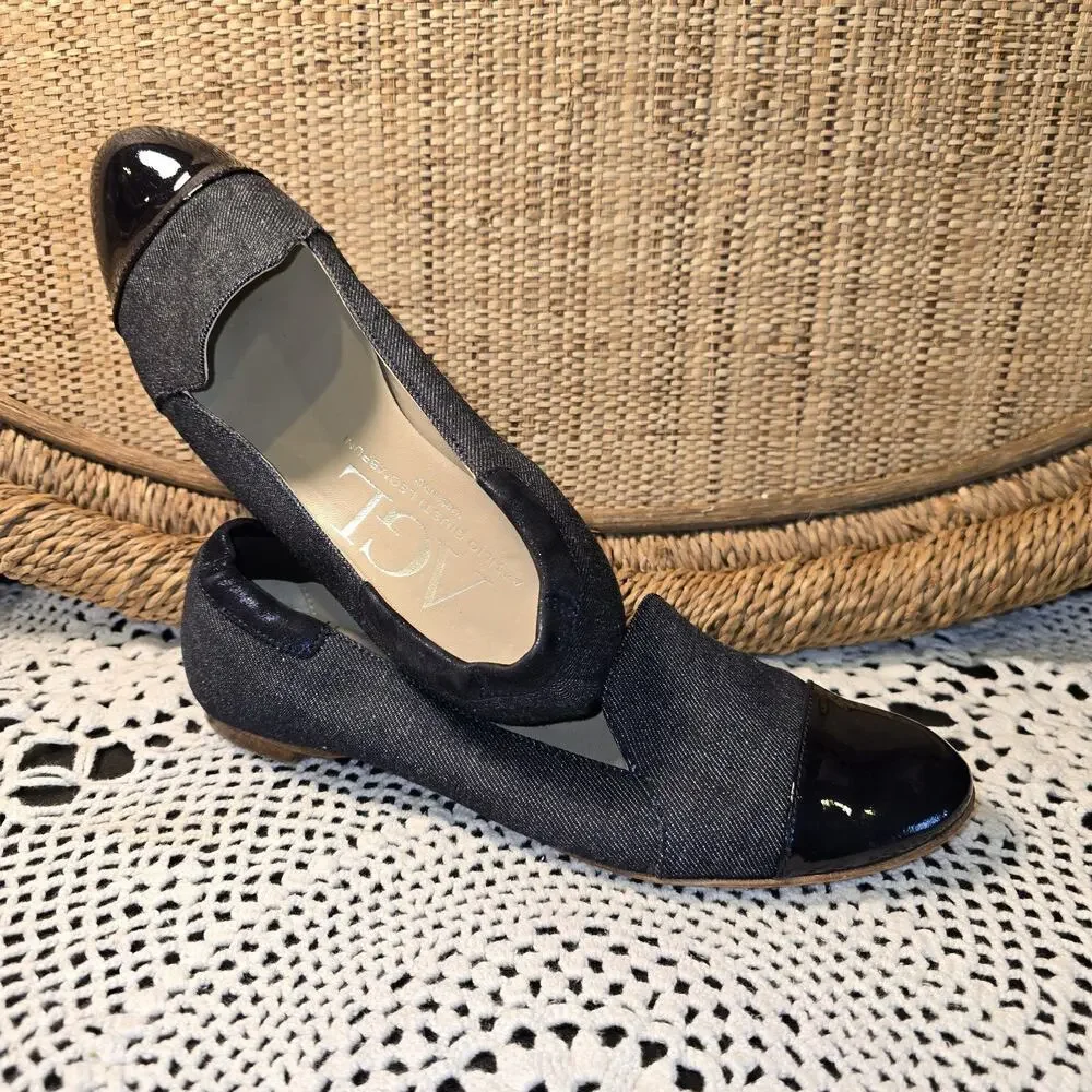 AGL Attilio Giusti Leombruni Denim Flats 37.5 Made in Italy Cap Toe Leather Sole - Picture 2 of 7